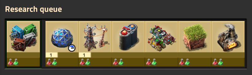 English Research queue showing technology icons in a row with red and green science-pack icons below