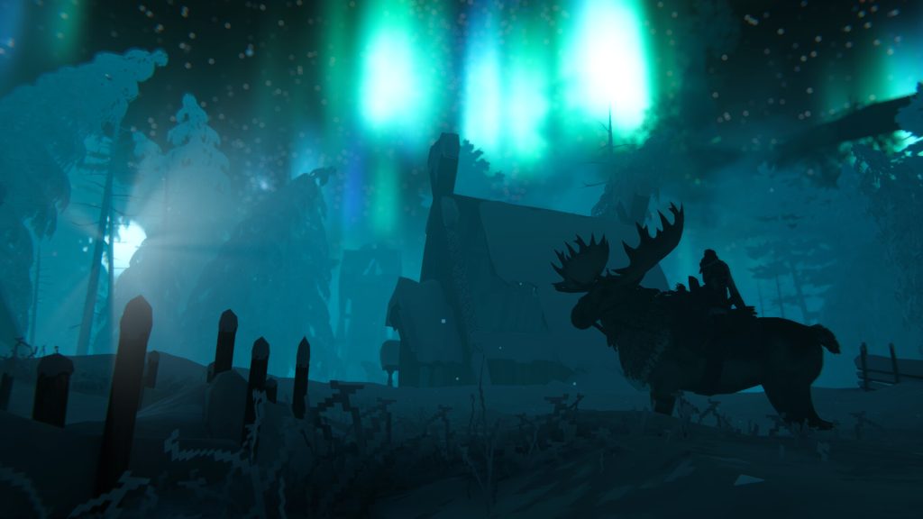 Valheim 官方游戏画面：极光下的雪地、建筑与鹿形生物