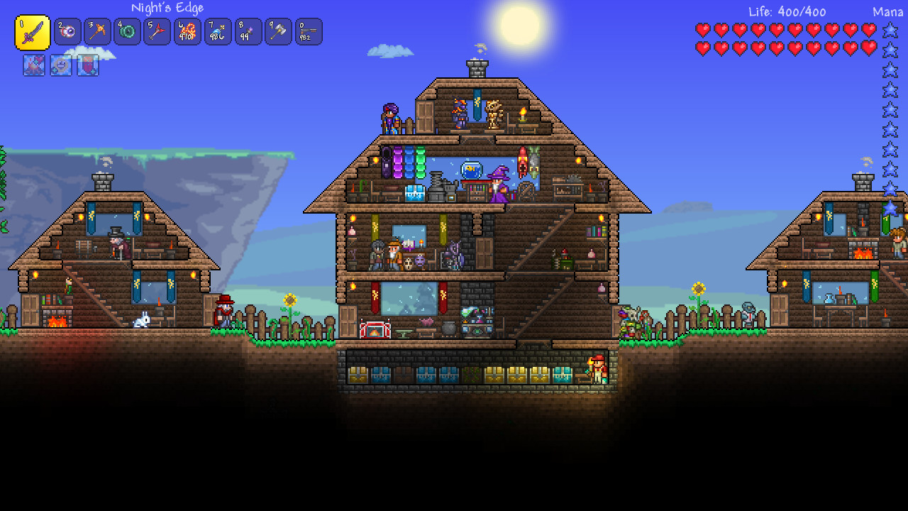 Terraria 官方游戏画面：像素风城镇与多层房屋