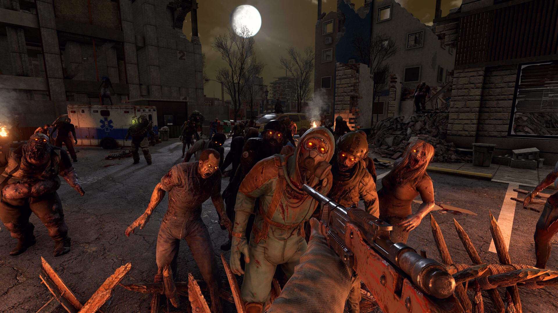 7 Days to Die 官方游戏画面：夜晚街道上的僵尸群