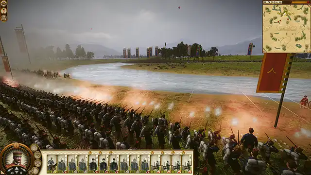 Infantry fire across a river in SHOGUN 2 Complete Edition.