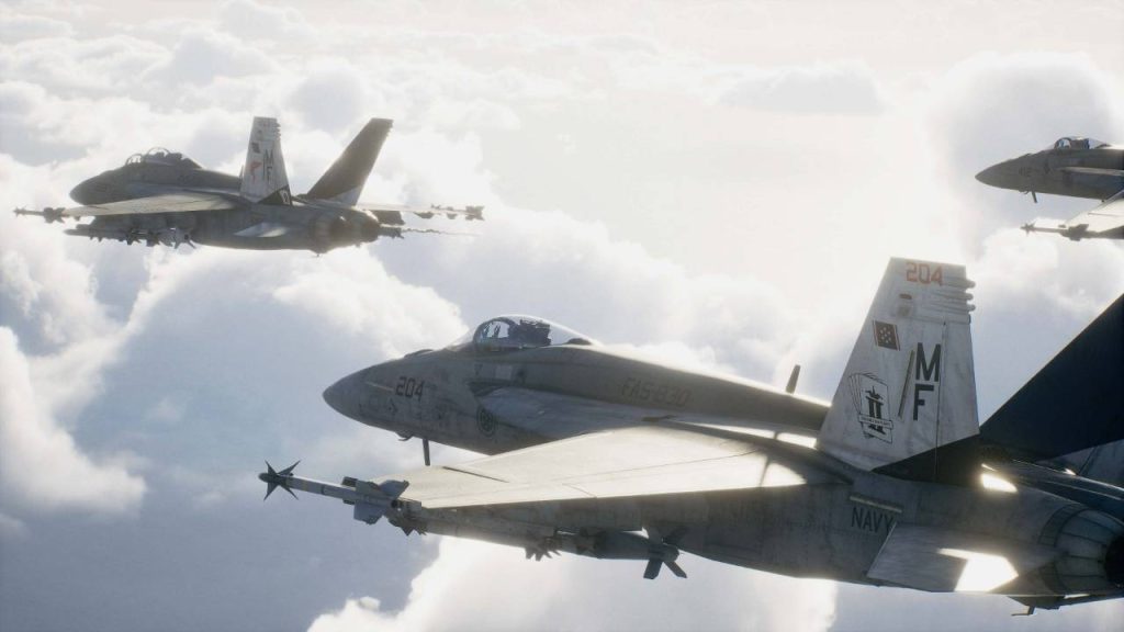Fighter jets fly in formation above the clouds in ACE COMBAT 8.