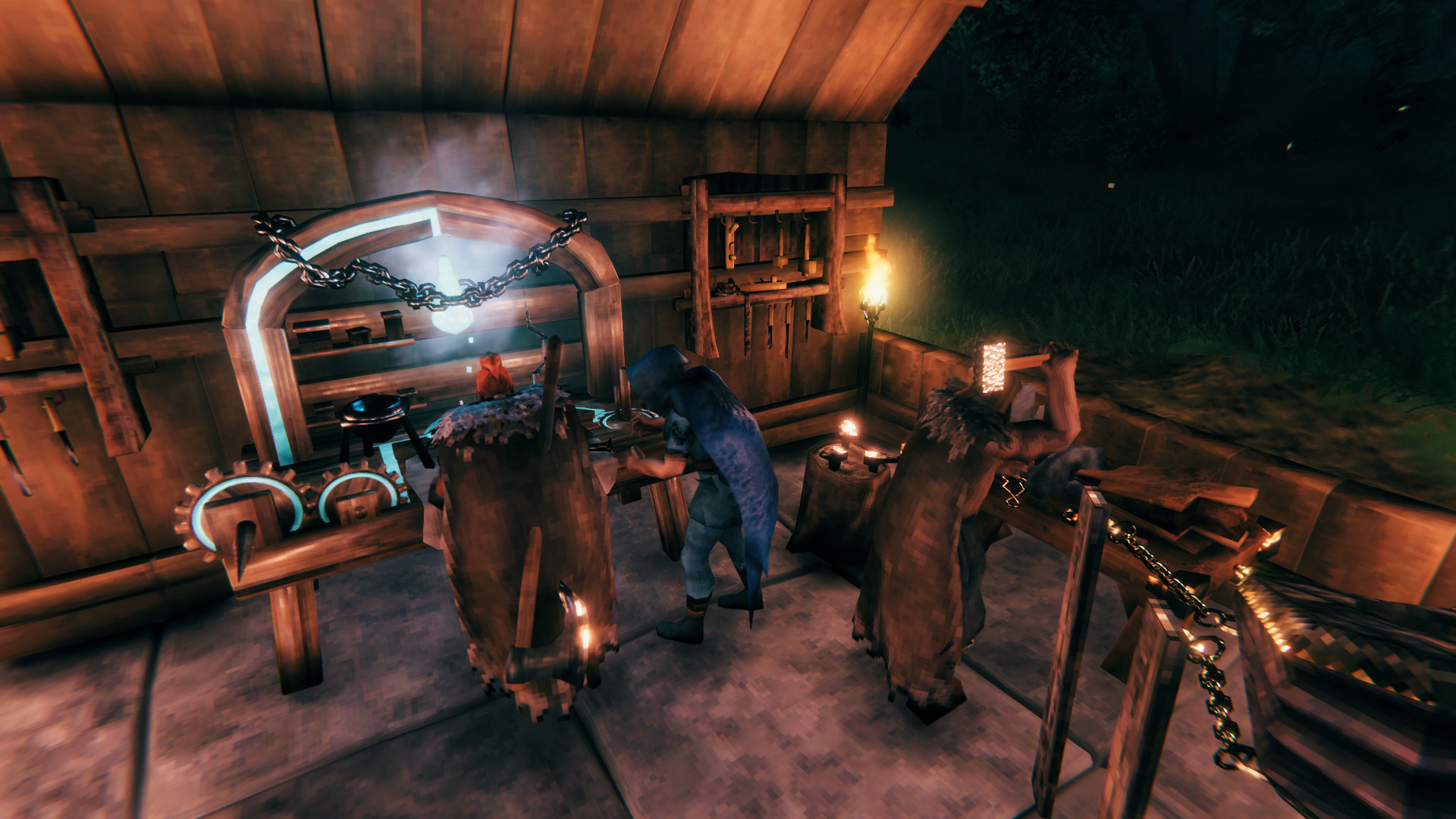 Official Valheim gameplay: a character and crafting equipment inside a wooden workshop