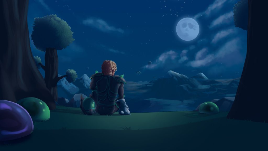 Terraria 官方夜景插画：月光下的角色、树木与史莱姆