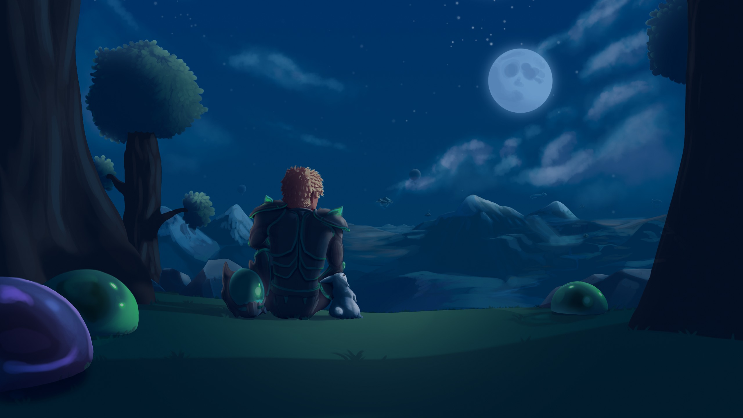 Terraria 官方夜景插画：月光下的角色、树木与史莱姆