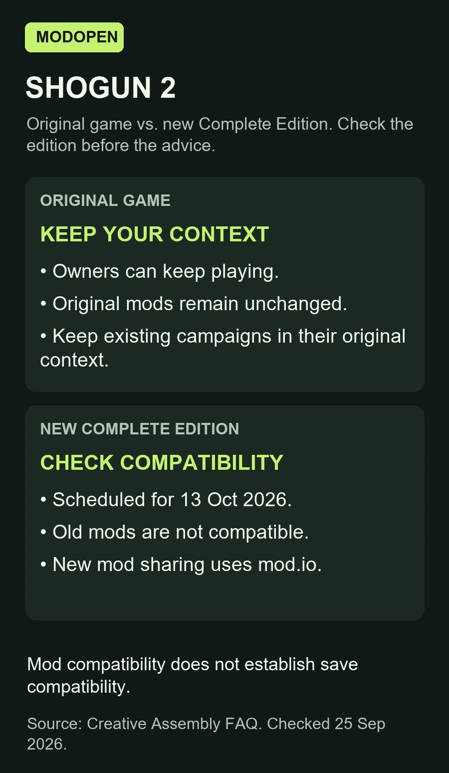 SHOGUN 2 original owners can keep playing and original mods remain available. The new Complete Edition is scheduled for October 13, 2026, uses mod.io and does not support old mods, according to the official FAQ.